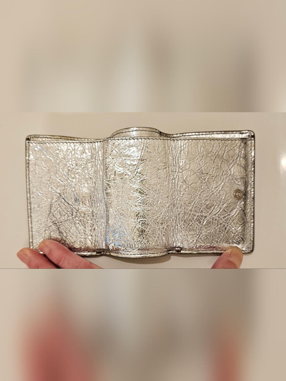 BALENCIAGA Silver Crinkle Trifold Compact Wallet - Picture 8 of 11